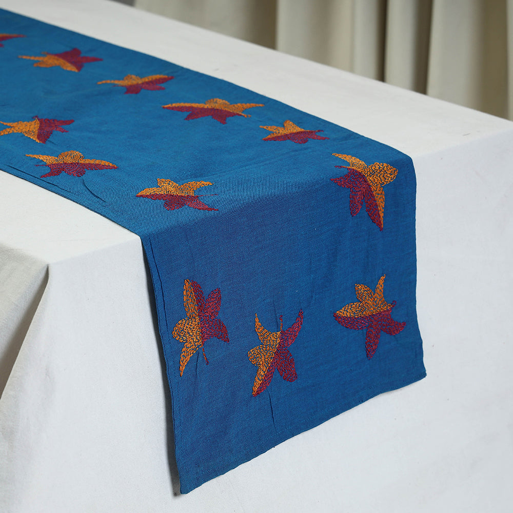 Blue - Chandi Mati Kantha Work Silk Cotton Table Runner