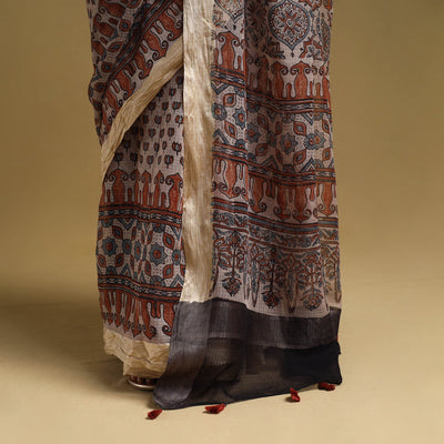 Beige - Natural Dyed Block Print Kota Doria Cotton Ajrakh Saree 10