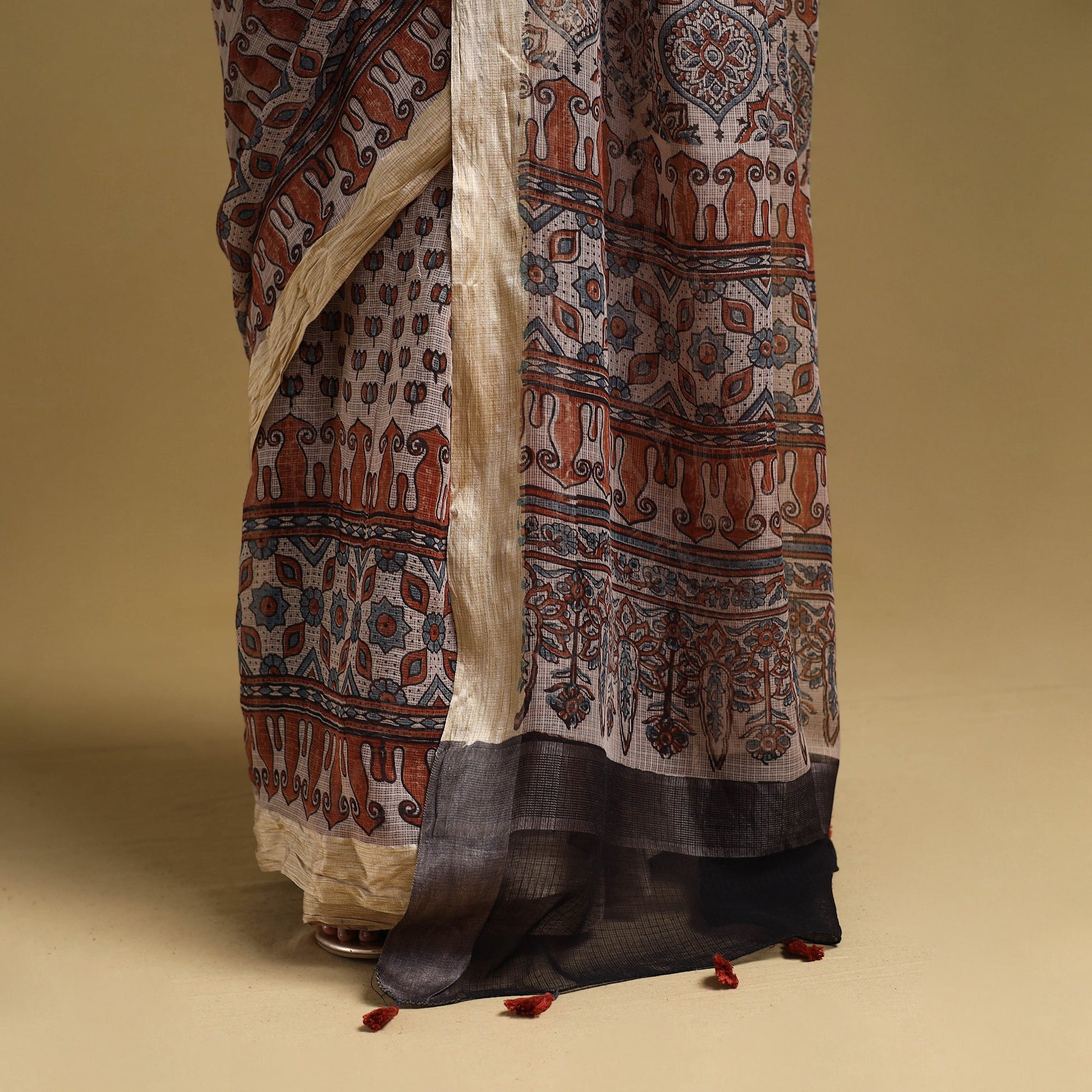 Beige - Natural Dyed Block Print Kota Doria Cotton Ajrakh Saree 10