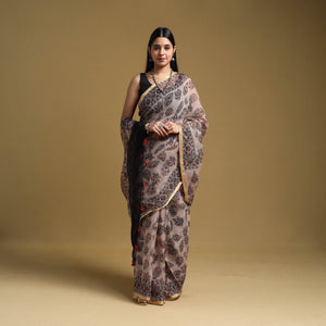 Beige - Natural Dyed Block Print Kota Doria Cotton Ajrakh Saree 11
