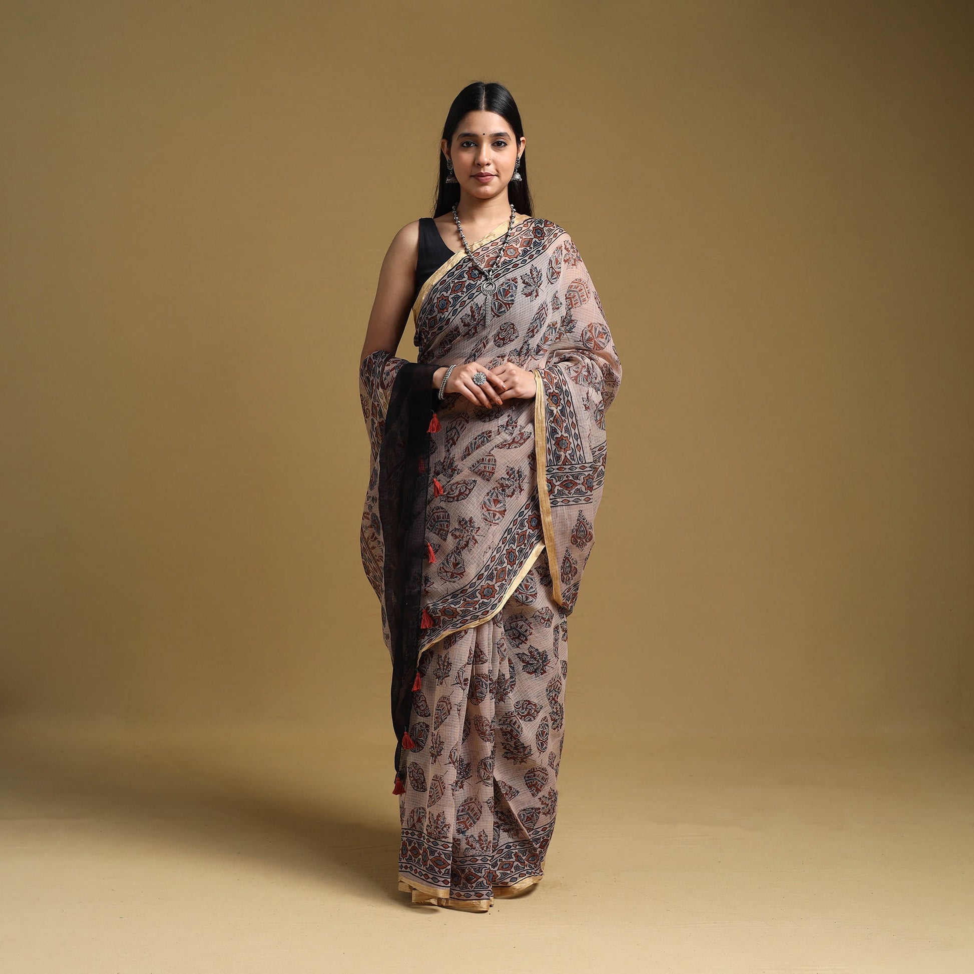 Beige - Natural Dyed Block Print Kota Doria Cotton Ajrakh Saree 11