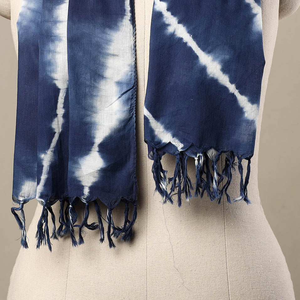 Blue - Cotton Tie-Dye Shibori Stole with Tassels 107