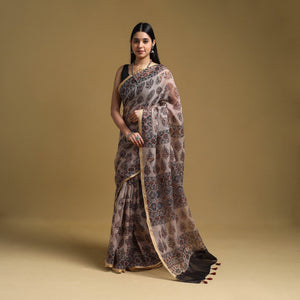 Beige - Natural Dyed Block Print Kota Doria Cotton Ajrakh Saree 11