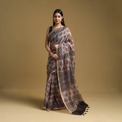Beige - Natural Dyed Block Print Kota Doria Cotton Ajrakh Saree 11