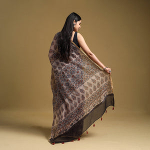 Beige - Natural Dyed Block Print Kota Doria Cotton Ajrakh Saree 11