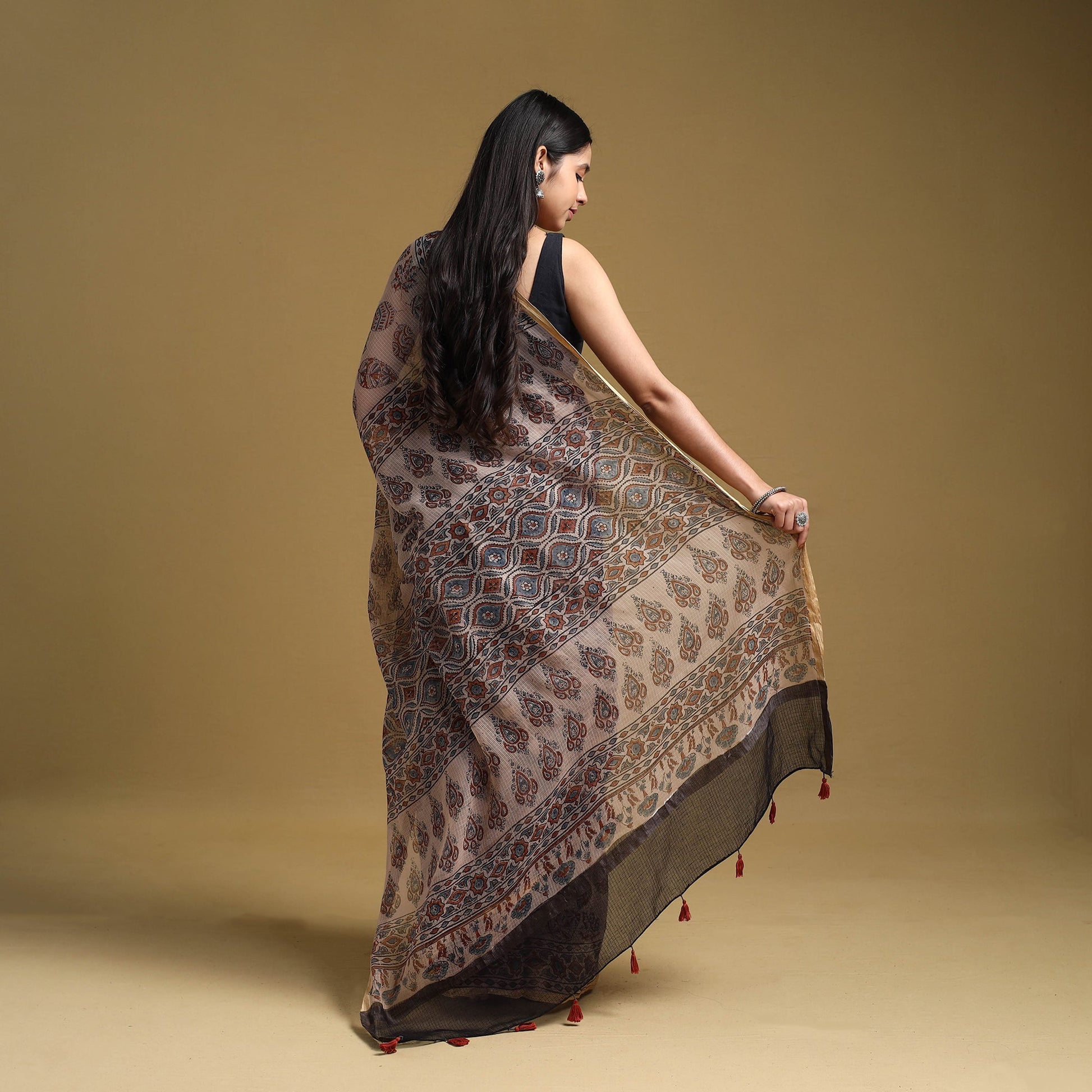 Beige - Natural Dyed Block Print Kota Doria Cotton Ajrakh Saree 11