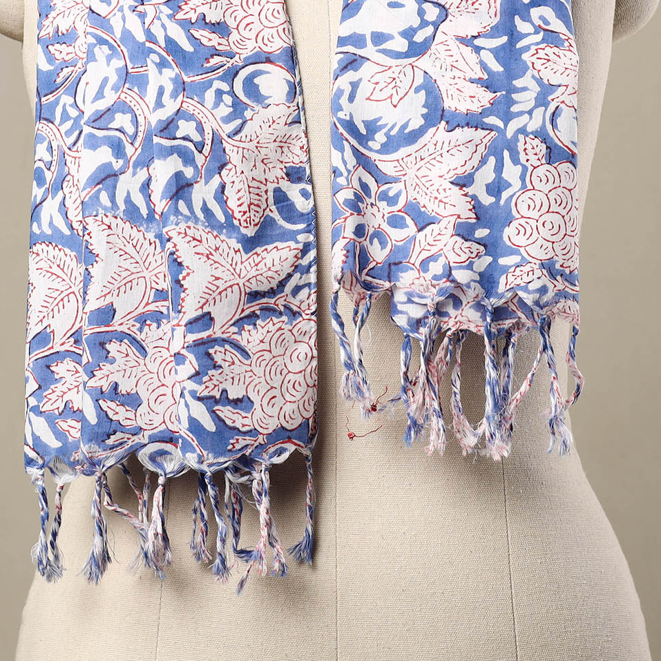 Blue - Block Print Cotton Sanganeri Stole with Tassels 109