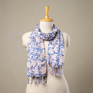 Blue - Block Print Cotton Sanganeri Stole with Tassels 109