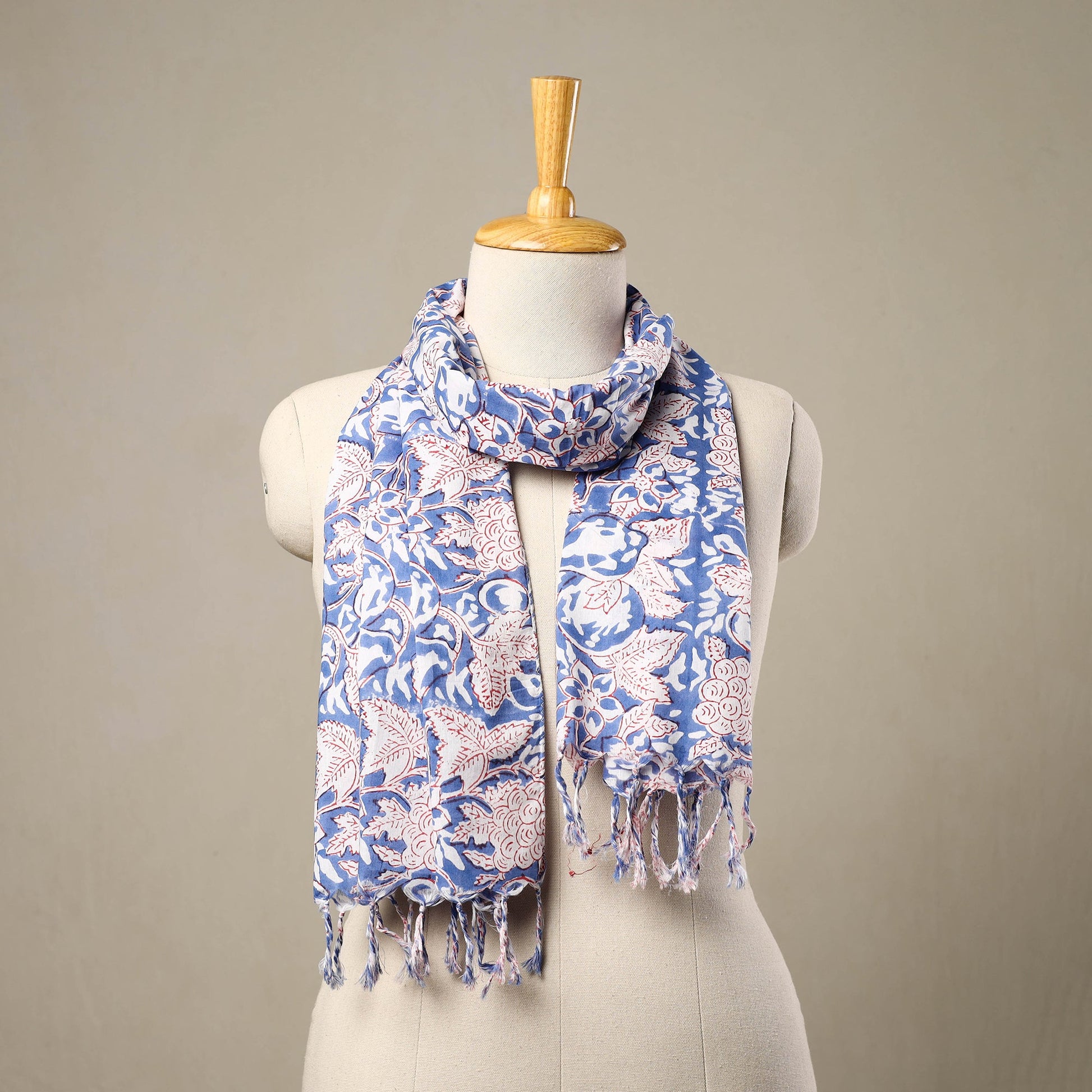 Blue - Block Print Cotton Sanganeri Stole with Tassels 109