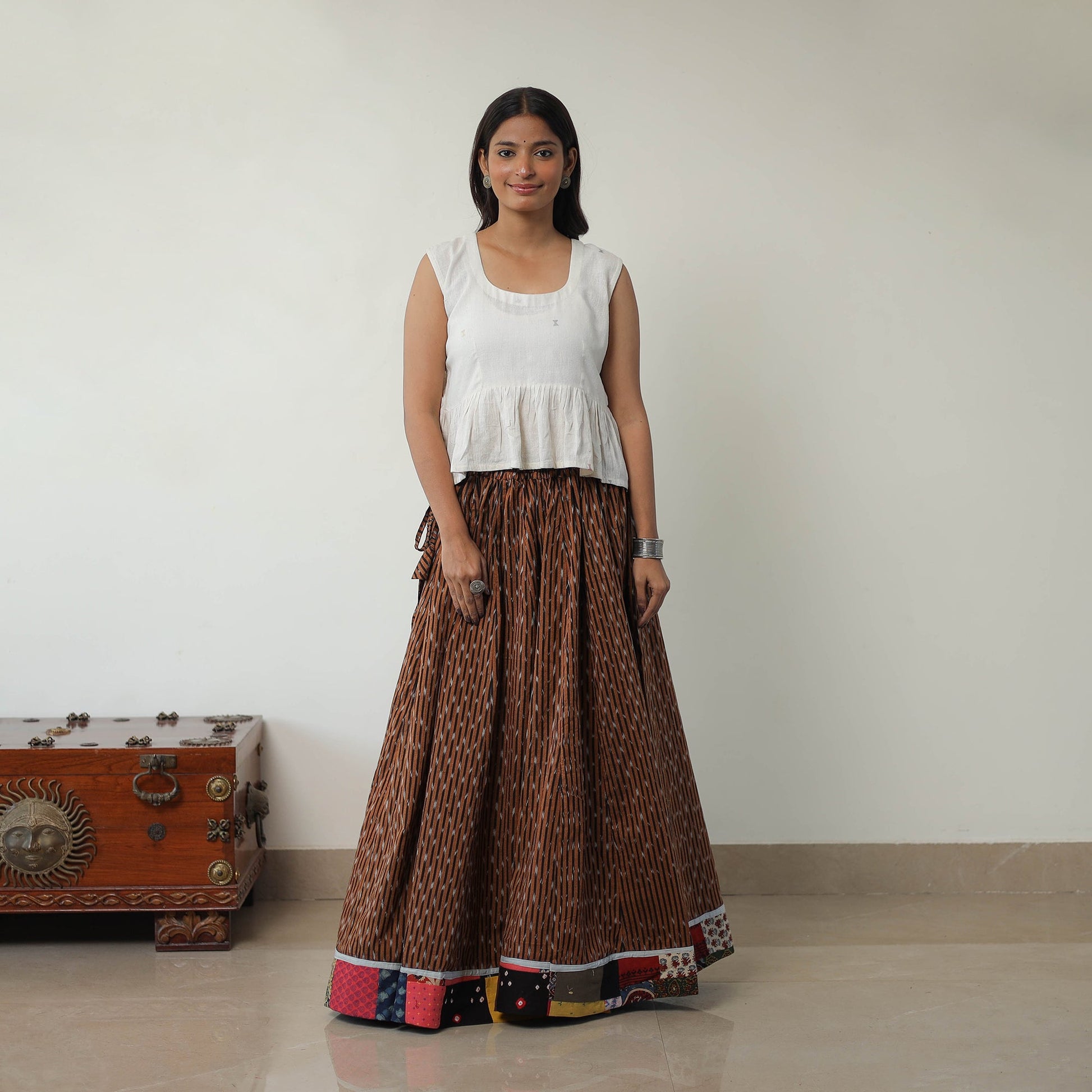 Brown - 24 Kali Cotton Pochampally Ikat Skirt 05