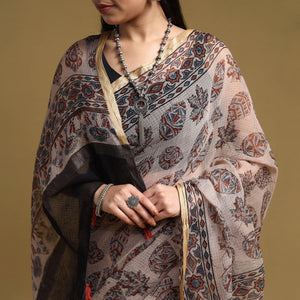 Beige - Natural Dyed Block Print Kota Doria Cotton Ajrakh Saree 11