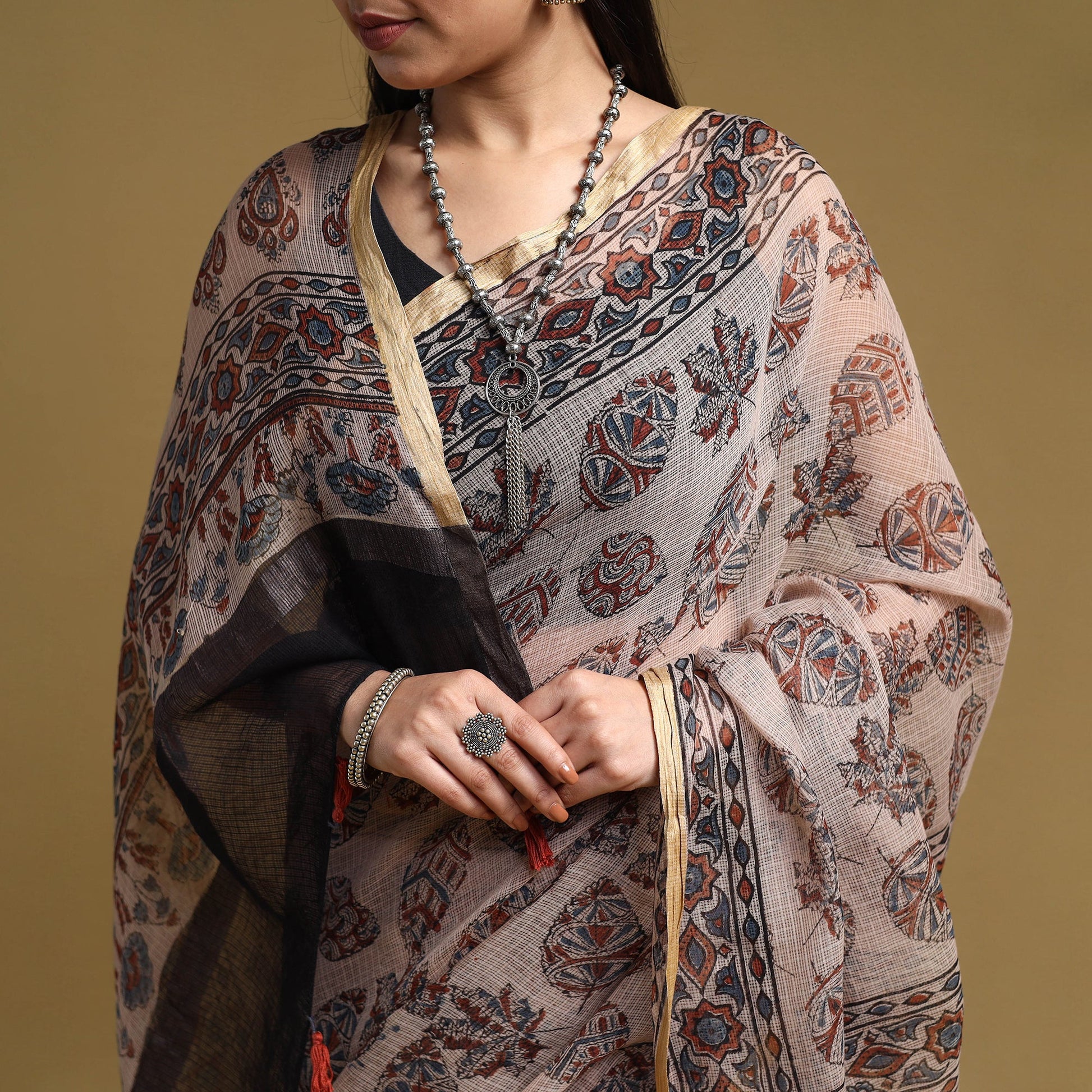 Beige - Natural Dyed Block Print Kota Doria Cotton Ajrakh Saree 11