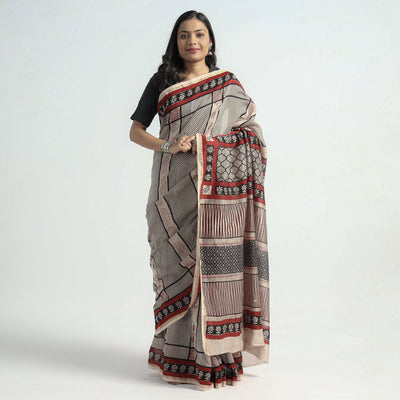 Beige - Bagh Hand Block Printed Natural Dyed Chanderi Silk Saree