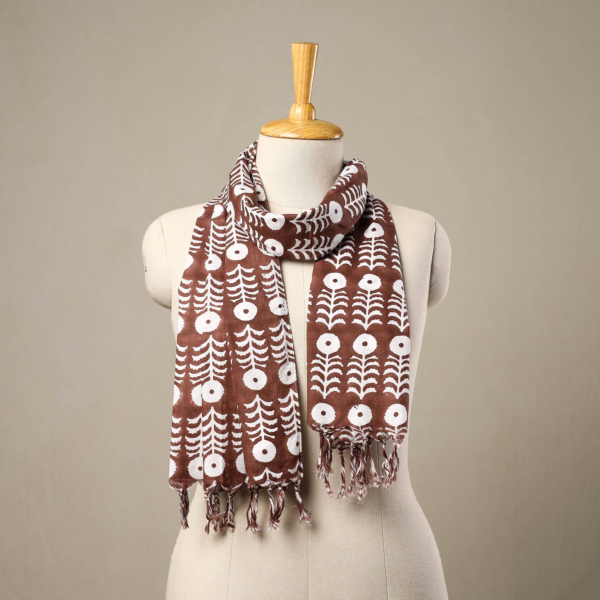 Brown - Block Print Cotton Sanganeri Stole with Tassels 110