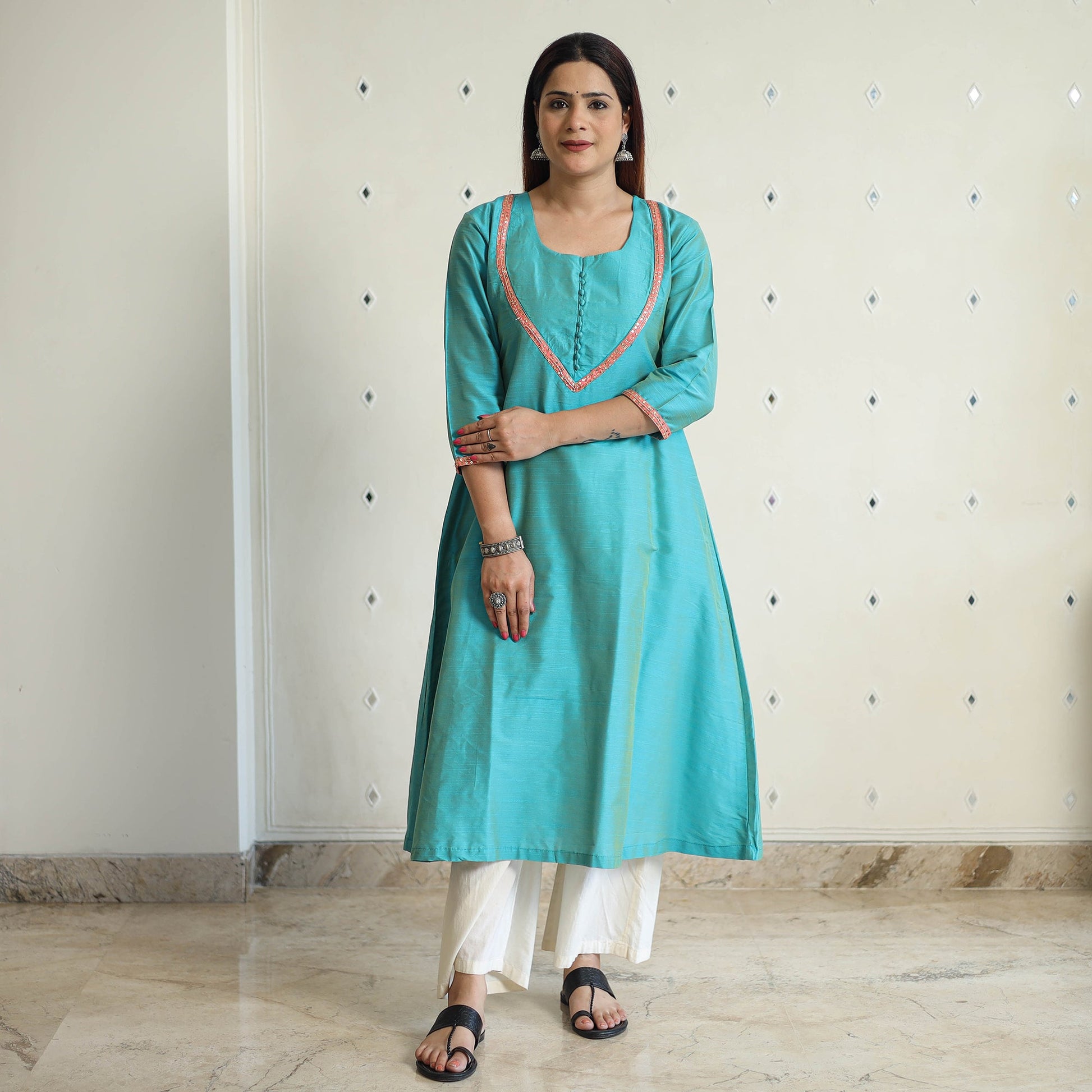 Aqua Blue - Plain Solid Slub Silk A-Line Kurta with Beadwork Hand Embroidery Lace 13