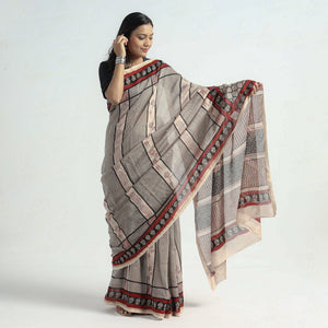 Beige - Bagh Hand Block Printed Natural Dyed Chanderi Silk Saree