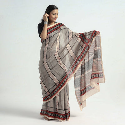 Beige - Bagh Hand Block Printed Natural Dyed Chanderi Silk Saree