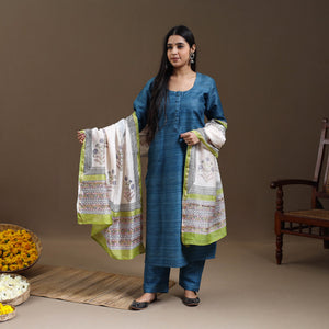 Blue - Bhagalpuri Handloom Desi Tussar Silk Kurta Set 18