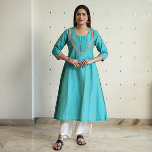 Aqua Blue - Plain Solid Slub Silk A-Line Kurta with Beadwork Hand Embroidery Lace 13