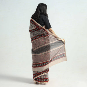 Beige - Bagh Hand Block Printed Natural Dyed Chanderi Silk Saree