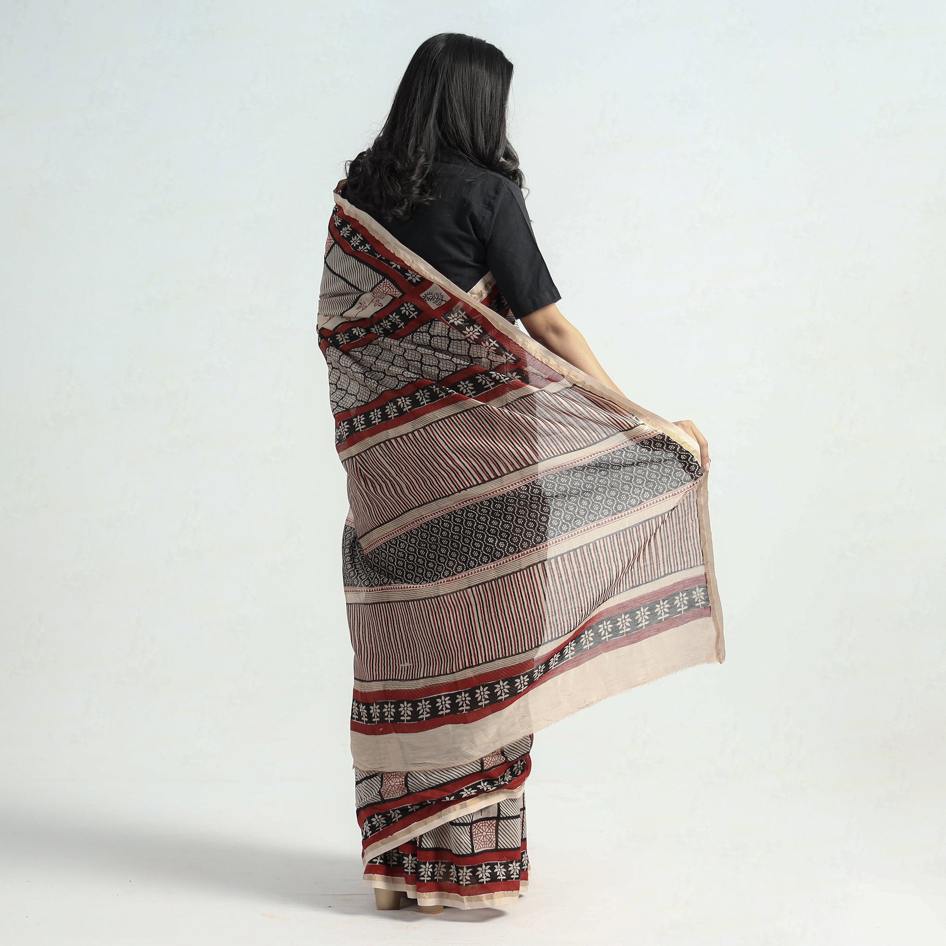 Beige - Bagh Hand Block Printed Natural Dyed Chanderi Silk Saree