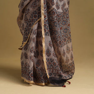 Beige - Natural Dyed Block Print Kota Doria Cotton Ajrakh Saree 11