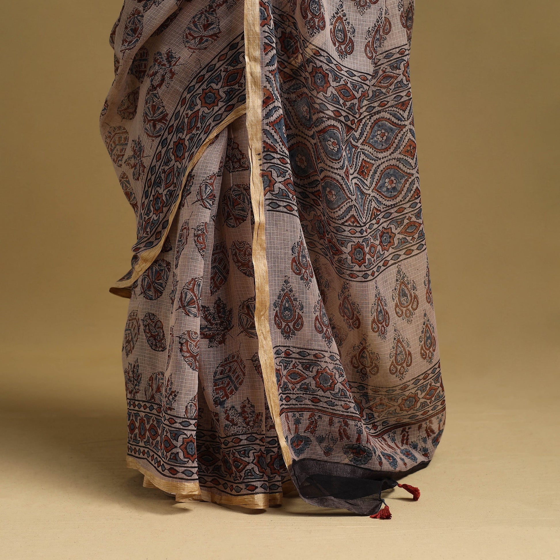 Beige - Natural Dyed Block Print Kota Doria Cotton Ajrakh Saree 11
