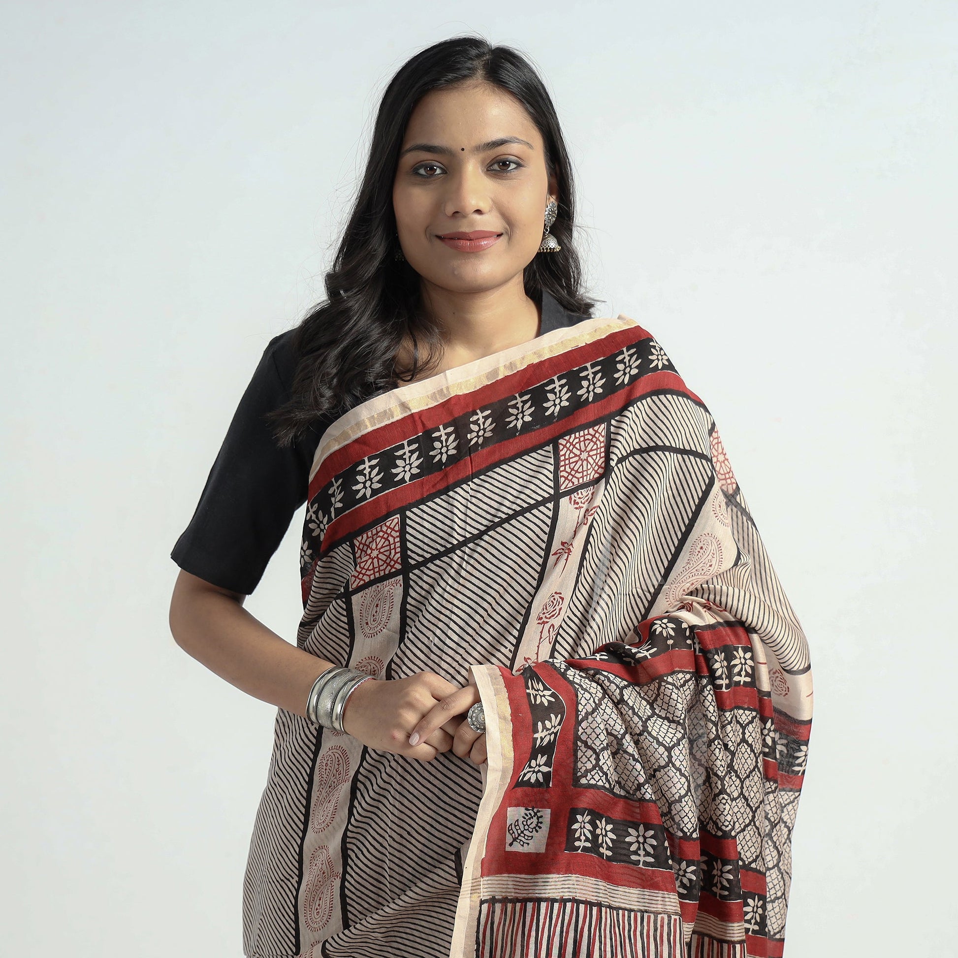 Beige - Bagh Hand Block Printed Natural Dyed Chanderi Silk Saree