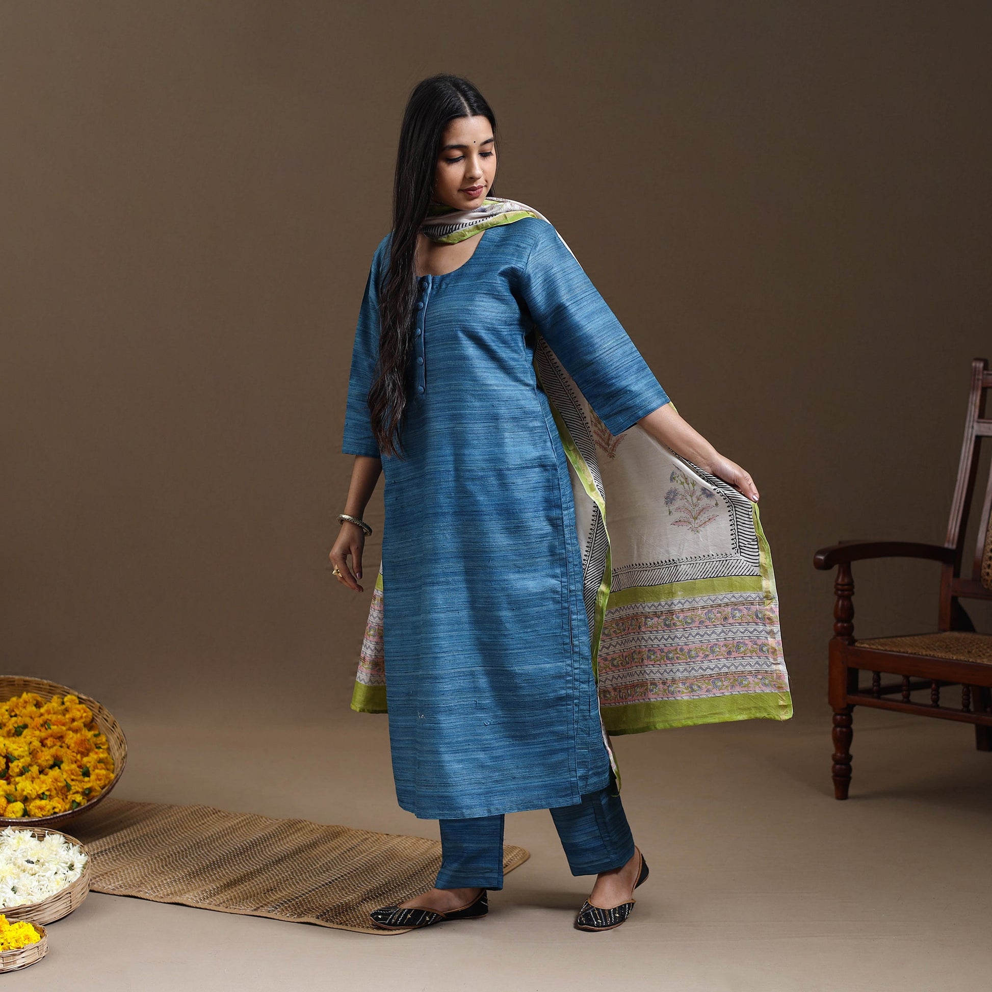 Blue - Bhagalpuri Handloom Desi Tussar Silk Kurta Set 18
