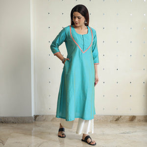 Aqua Blue - Plain Solid Slub Silk A-Line Kurta with Beadwork Hand Embroidery Lace 13