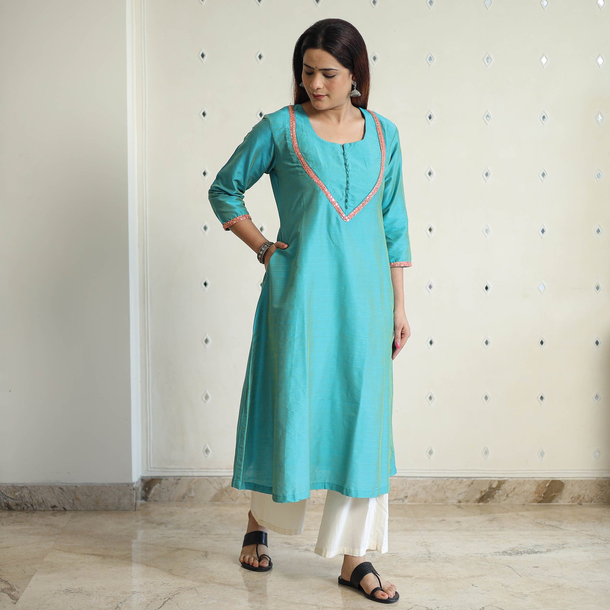 Aqua Blue - Plain Solid Slub Silk A-Line Kurta with Beadwork Hand Embroidery Lace 13