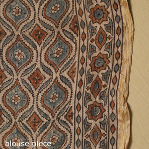 Beige - Natural Dyed Block Print Kota Doria Cotton Ajrakh Saree 11