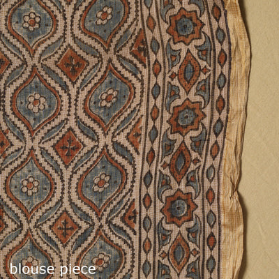 Beige - Natural Dyed Block Print Kota Doria Cotton Ajrakh Saree 11