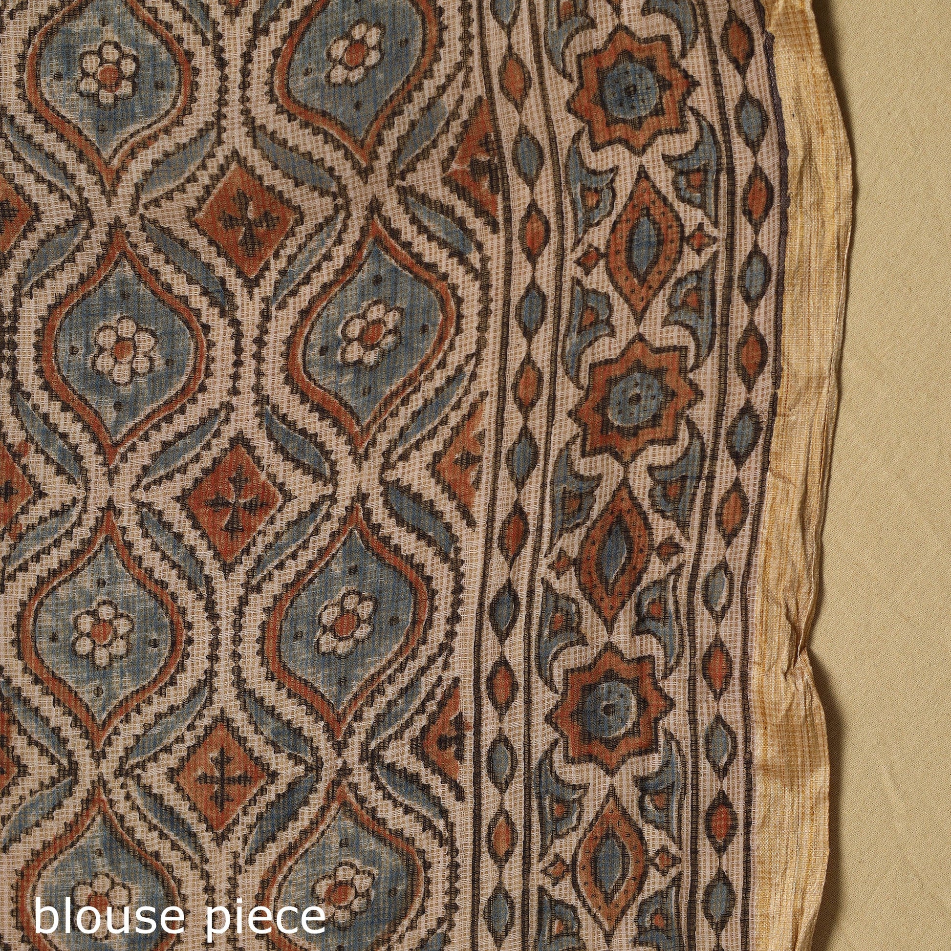 Beige - Natural Dyed Block Print Kota Doria Cotton Ajrakh Saree 11