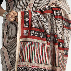 Beige - Bagh Hand Block Printed Natural Dyed Chanderi Silk Saree