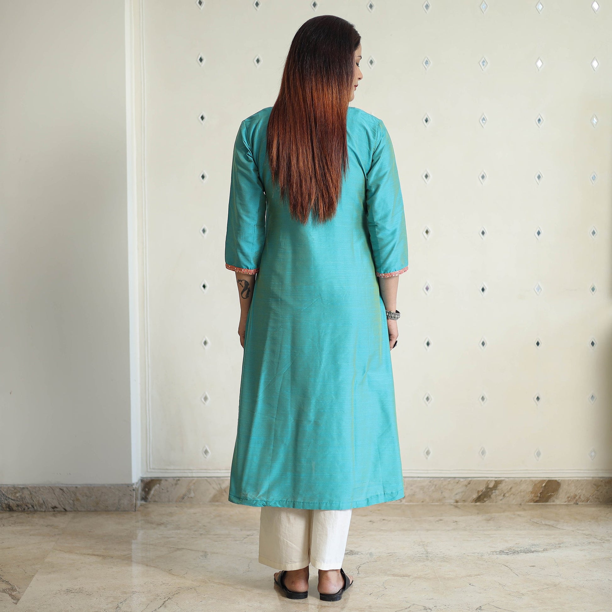 Aqua Blue - Plain Solid Slub Silk A-Line Kurta with Beadwork Hand Embroidery Lace 13