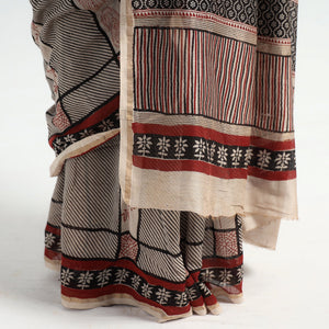 Beige - Bagh Hand Block Printed Natural Dyed Chanderi Silk Saree