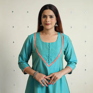 Aqua Blue - Plain Solid Slub Silk A-Line Kurta with Beadwork Hand Embroidery Lace 13