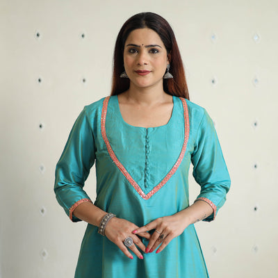 Aqua Blue - Plain Solid Slub Silk A-Line Kurta with Beadwork Hand Embroidery Lace 13