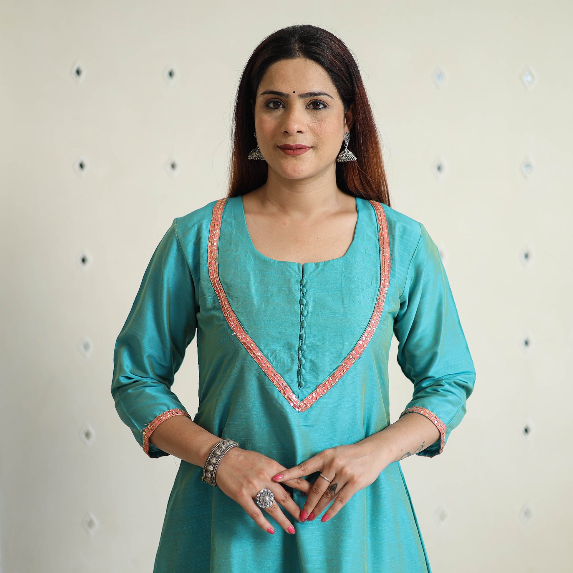 Aqua Blue - Plain Solid Slub Silk A-Line Kurta with Beadwork Hand Embroidery Lace 13