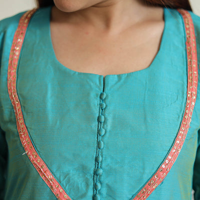Aqua Blue - Plain Solid Slub Silk A-Line Kurta with Beadwork Hand Embroidery Lace 13