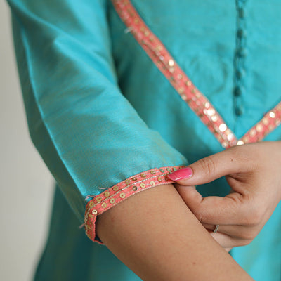 Aqua Blue - Plain Solid Slub Silk A-Line Kurta with Beadwork Hand Embroidery Lace 13