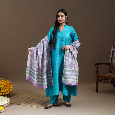 Blue - Bhagalpuri Handloom Desi Tussar Silk Kurta Set 17