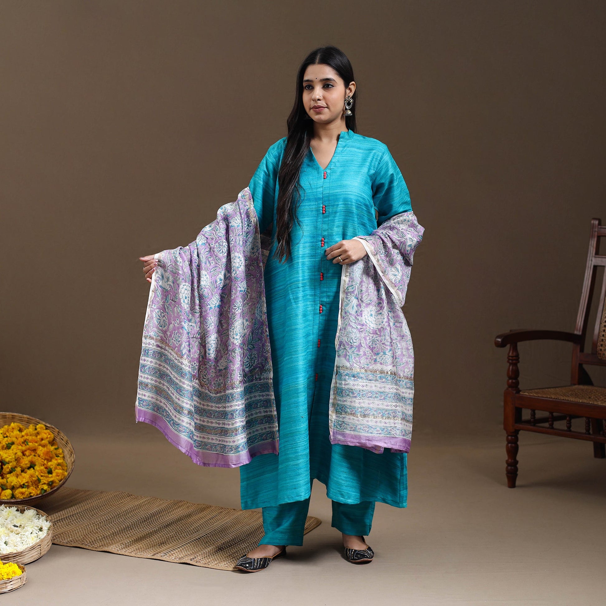 Blue - Bhagalpuri Handloom Desi Tussar Silk Kurta Set 17