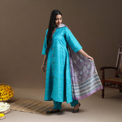 Blue - Bhagalpuri Handloom Desi Tussar Silk Kurta Set 17