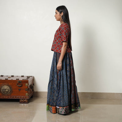 Blue - 24 Kali Patchwork Block Printed Cotton Ajrakh Skirt 09