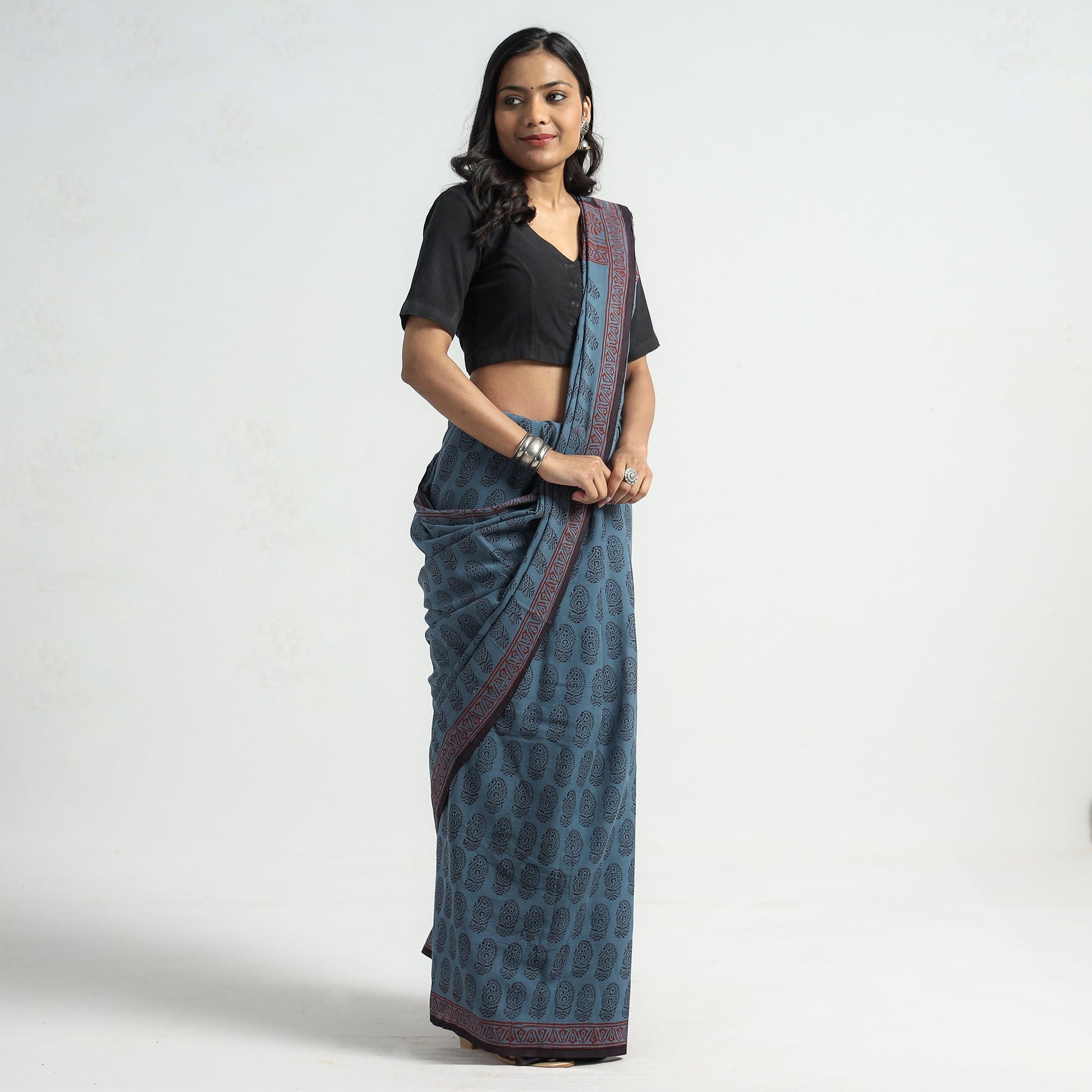 Blue - Bagh Hand Block Printed Cotton Saree