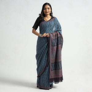 Blue - Bagh Hand Block Printed Cotton Saree