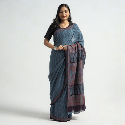 Blue - Bagh Hand Block Printed Cotton Saree