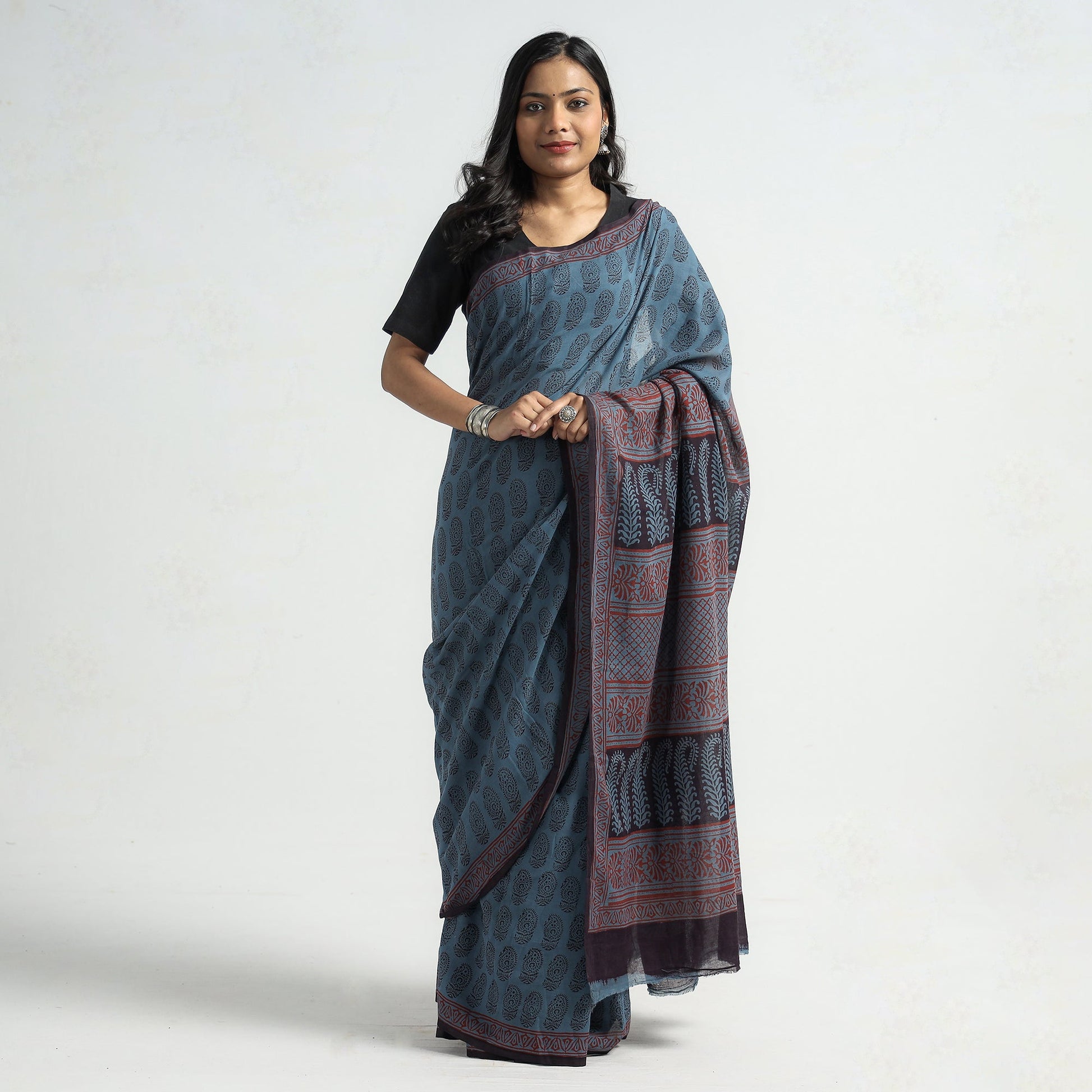 Blue - Bagh Hand Block Printed Cotton Saree